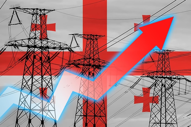 Power line and flag of Georgia Energy crisis Concept of global energy crisis