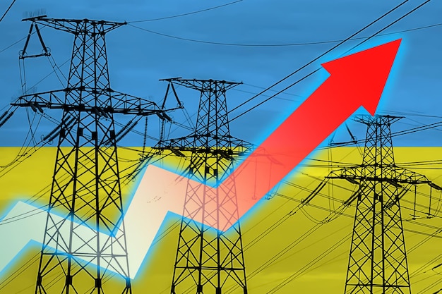 Power line and flag of Ukraine Energy crisis Concept of global energy crisi