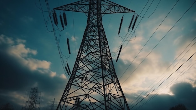 A power line tower with the sky in the background