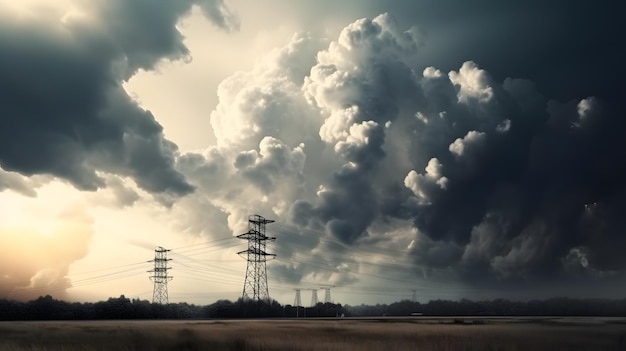 A power line with a cloudy sky in the background