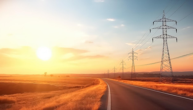 Power lines by the road at sunset