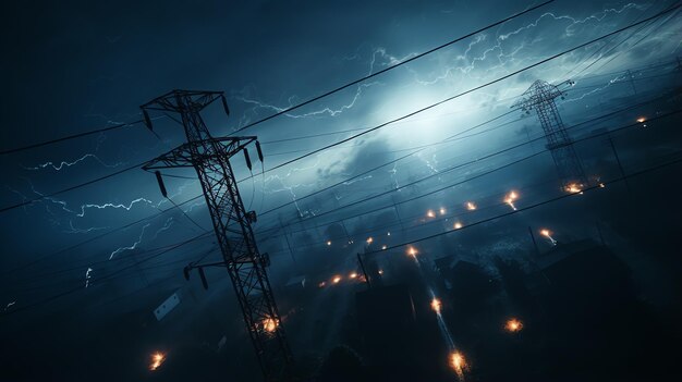 a power lines and lightning in the sky