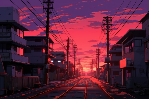 Power lines sunset city anime visual novel game Tension station Generate Ai