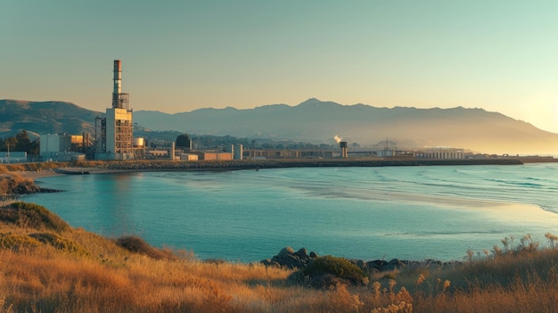 Power plant on a calm coast with mountains in the background at dusk