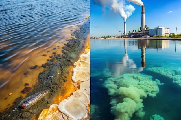 Photo a power plant is shown in the picture and the water is blue