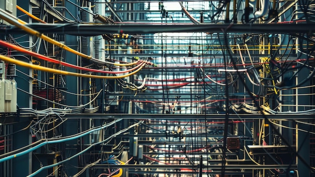 Power plant transformation station Multitude of cables and wires