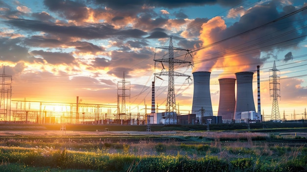 Power plant with cooling towers and high voltage lines