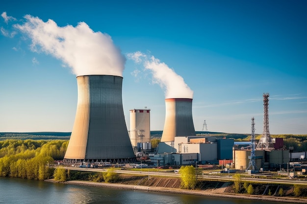 A power plant with smoke coming out of the chimneys