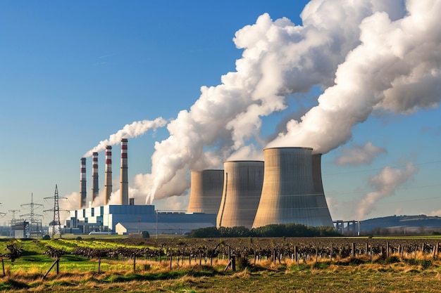 Photo a power plant with smoke coming out of it and a power plant in the background