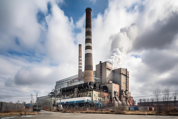 Power plant with smoke and steam billowing from the chimney