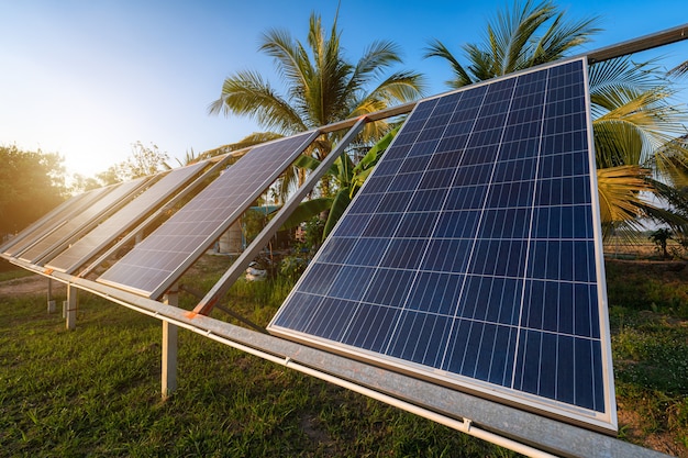 Power solar panel for agriculture in a rural houses area Agricultural fields blue sky background,Agro-industry of household Rural style in Thailand, smart farm alternative clean green energy concept