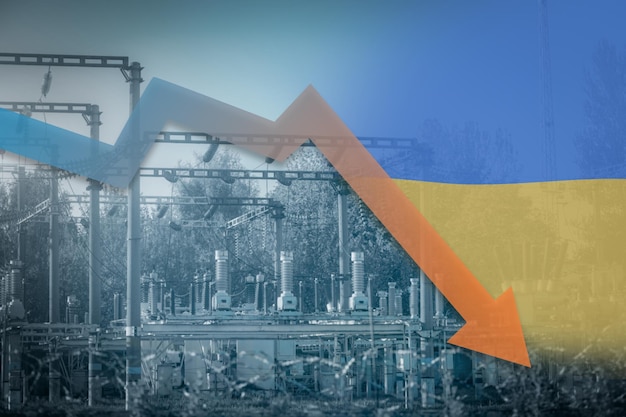 Power station and dropping down arrow next to Ukrainian flag Energy crisis in Ukraine Decreasing electricity generation and supply Infrastructure damage and blackout in UA