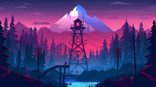 Power station in the mountains at sunset illustration in cartoon style