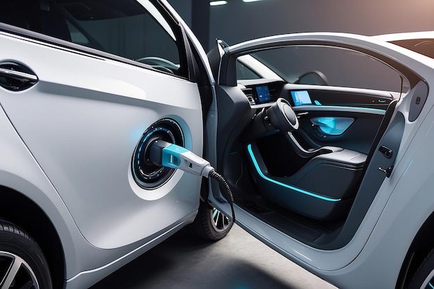 Photo power supply connect to electric vehicle for charge to the battery charging technology industry transport which are the futuristic automobile