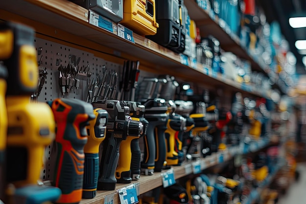 Photo power tools drills and hammers of various manufacturers are sold in a hardware store