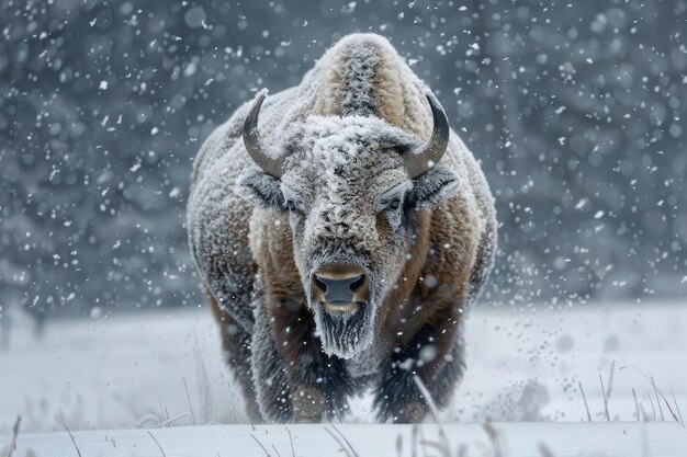 Powerful american bison covered in snow standing in a blizzard