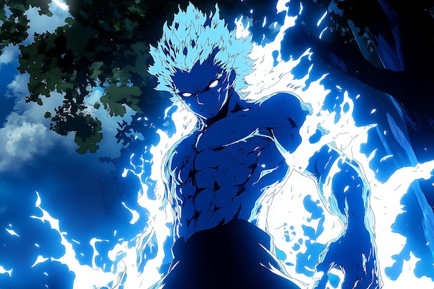 Photo powerful anime character surrounded by blue flames