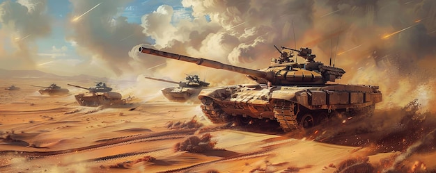 A powerful banner featuring a tank battalion on maneuvers in a desert landscape emphasizing the