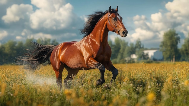 A powerful bay horse galloping through a lush green field under a bright blue sky