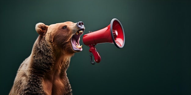 A powerful bear growling into a megaphone on a dark green background Concept Wildlife Megaphone Bear Power Dark Green Background