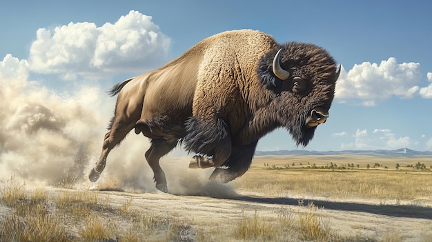 Photo powerful bison charge across open prairie in breathtaking photo