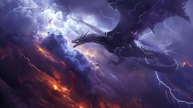 A powerful black dragon soars through a stormy sky The dragons wings are outstretched and its tail is curled behind it