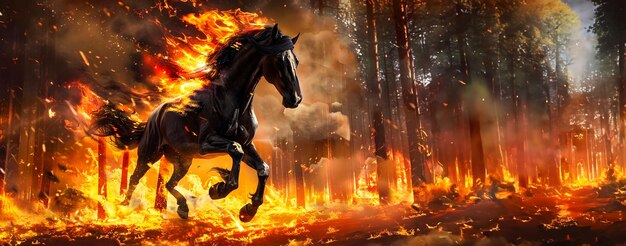 Photo a powerful black stallion gallops through a raging forest fire surrounded by flames smoke and the chaos of the apocalyptic scene the horse s fierce energy and the dramatic