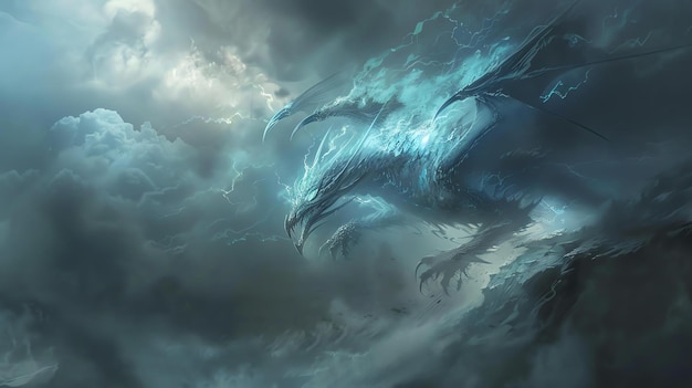 A powerful blue dragon soars through the stormy sky Its wings beat the air with a thunderous roar and its eyes flash with lightning