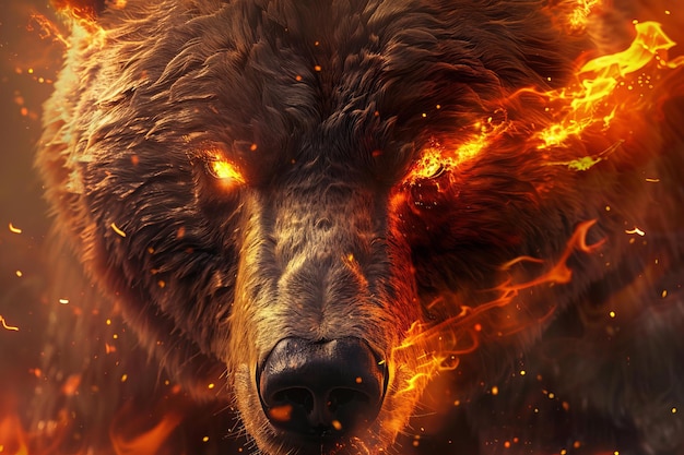 Powerful brown bear with glowing eyes emerging from a wildfire burning forest