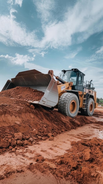 Powerful bulldozer or loader moves the earth at the construction site agnst the sky an earthmoving