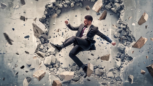 Powerful Businessman Breaking Stone Wall with Karate Kick