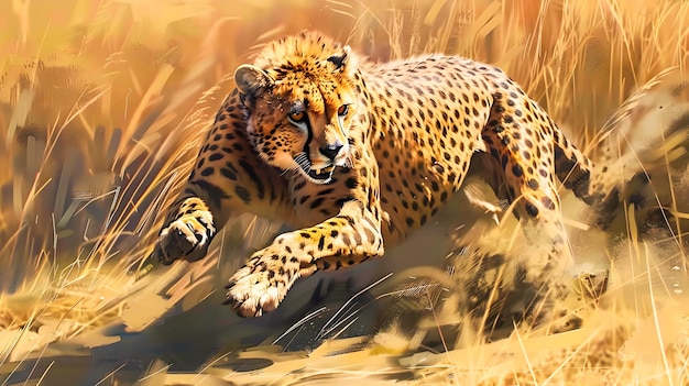 Powerful cheetah crouched low in the savannah grass stealthily stalking its prey ready to pounce and chase with incredible speed and agility Majestic wild feline hunting in its natural habitat