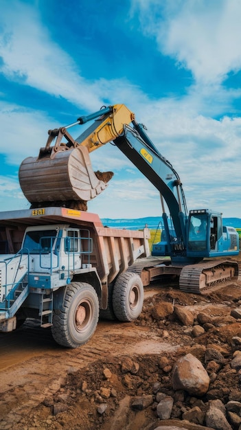 A powerful crawler excavator loads the earth into a dump truck agnst the blue sky development and r