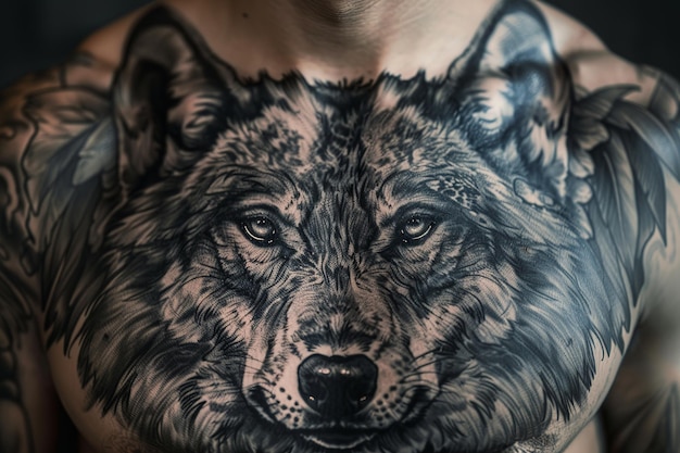 Powerful Detailed Wolf Tattoo with Piercing Eyes and Majestic Stance Covering a Chest in Monochromatic Digital Art