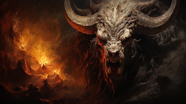 Powerful devilish beast with horns showing teeth surrounded by fire