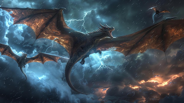 A powerful dragon soars through a stormy sky The dragons scales are black and its wings are a deep red