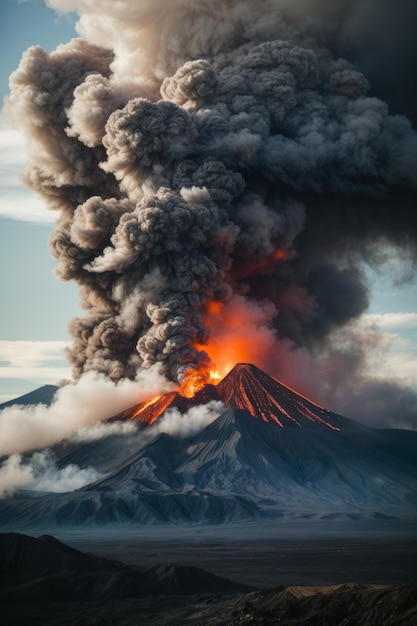 Powerful dramatic volcanic eruption by thick smoke in nature