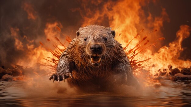 Photo powerful and emotive portraiture beaver running past flames in epic fantasy style