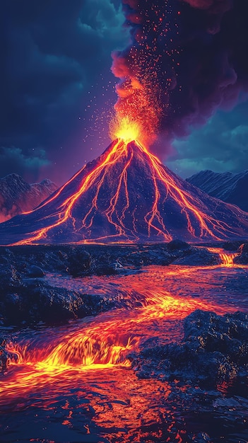 Photo a powerful erupting volcano with lava flow at night a dramatic and fiery display of natures raw power