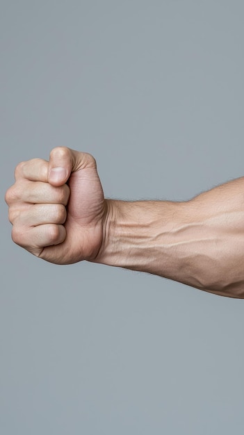 Photo powerful fist with visible veins against a neutral gray background