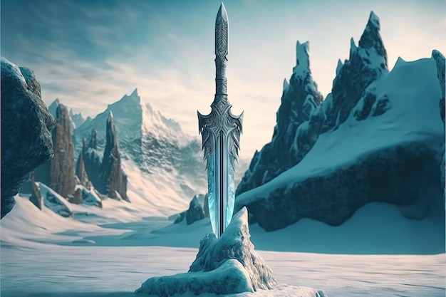 Powerful frozen sword stuck in stone at winter landscape on background