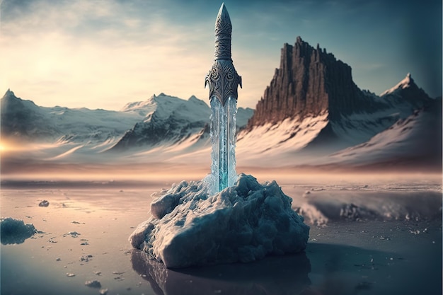 Powerful frozen sword stuck in stone at winter landscape on background