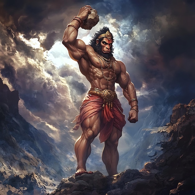 Powerful Hindu God Hanuman Holding a Rock in the Mountain