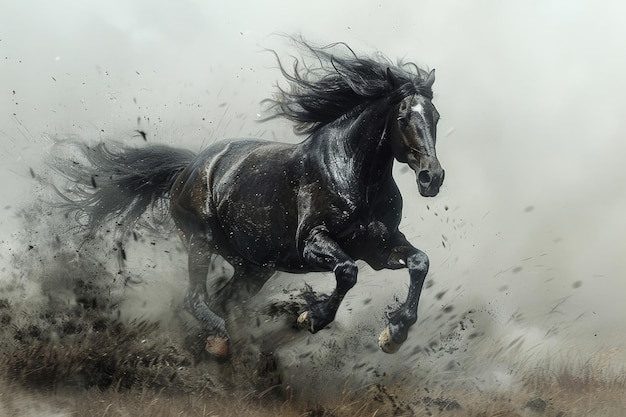 A powerful horse gallops across the field its mane and tail flowing in the wind