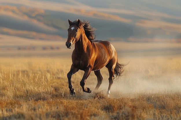 A powerful horse gallops across the field its mane and tail flowing in the wind