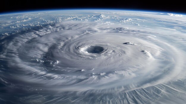 A powerful hurricane swirling over the Earths surface seen from space with its eye clearly visible