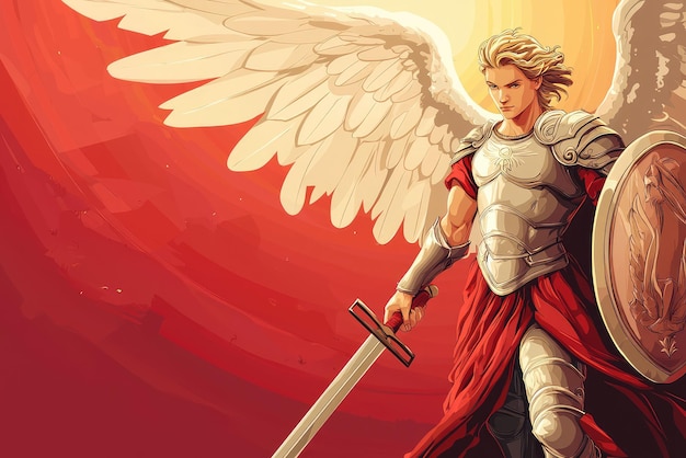 A powerful illustration of Archangel Michael with wings and armor exuding strength and courage