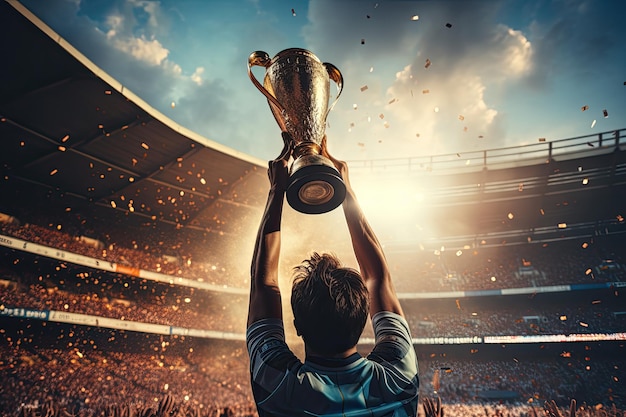 Powerful Image of Athlete Raising Trophy Cup in Stadium Triumph