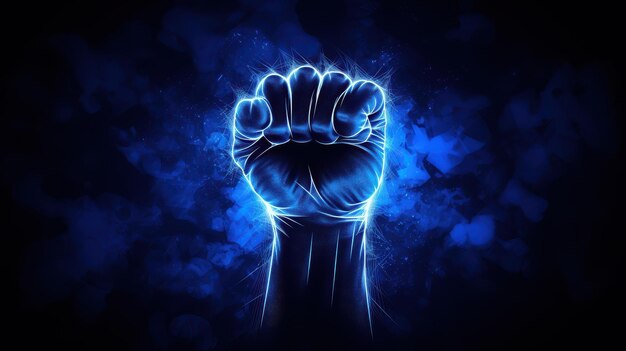 A powerful image of a clenched fist overlaid with a blue digital design