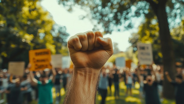 Photo powerful image of a raised fist at a peaceful human rights rally symbolizing strength and unity